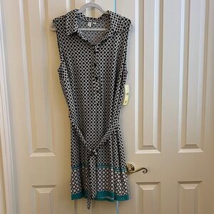 Tacera Black and White Geometric Dress with Teal Trim